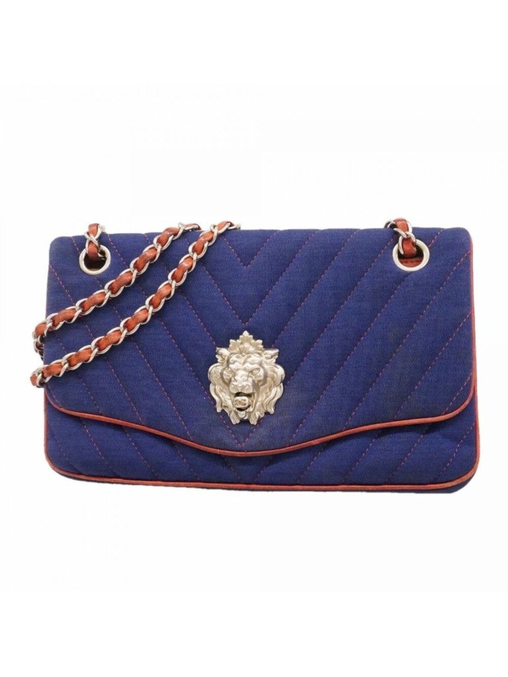 Chanel Shoulder Bag Stitch Canvas Navy Red Silver
